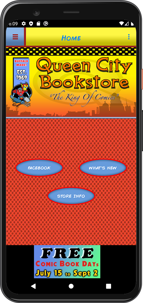 Queen City Bookstore App Home Screen
